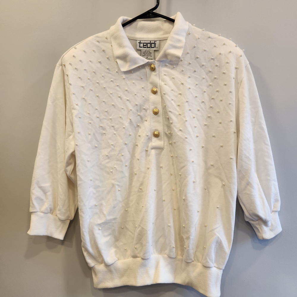 Teddi Vintage White Pearl Collared Sweater Medium